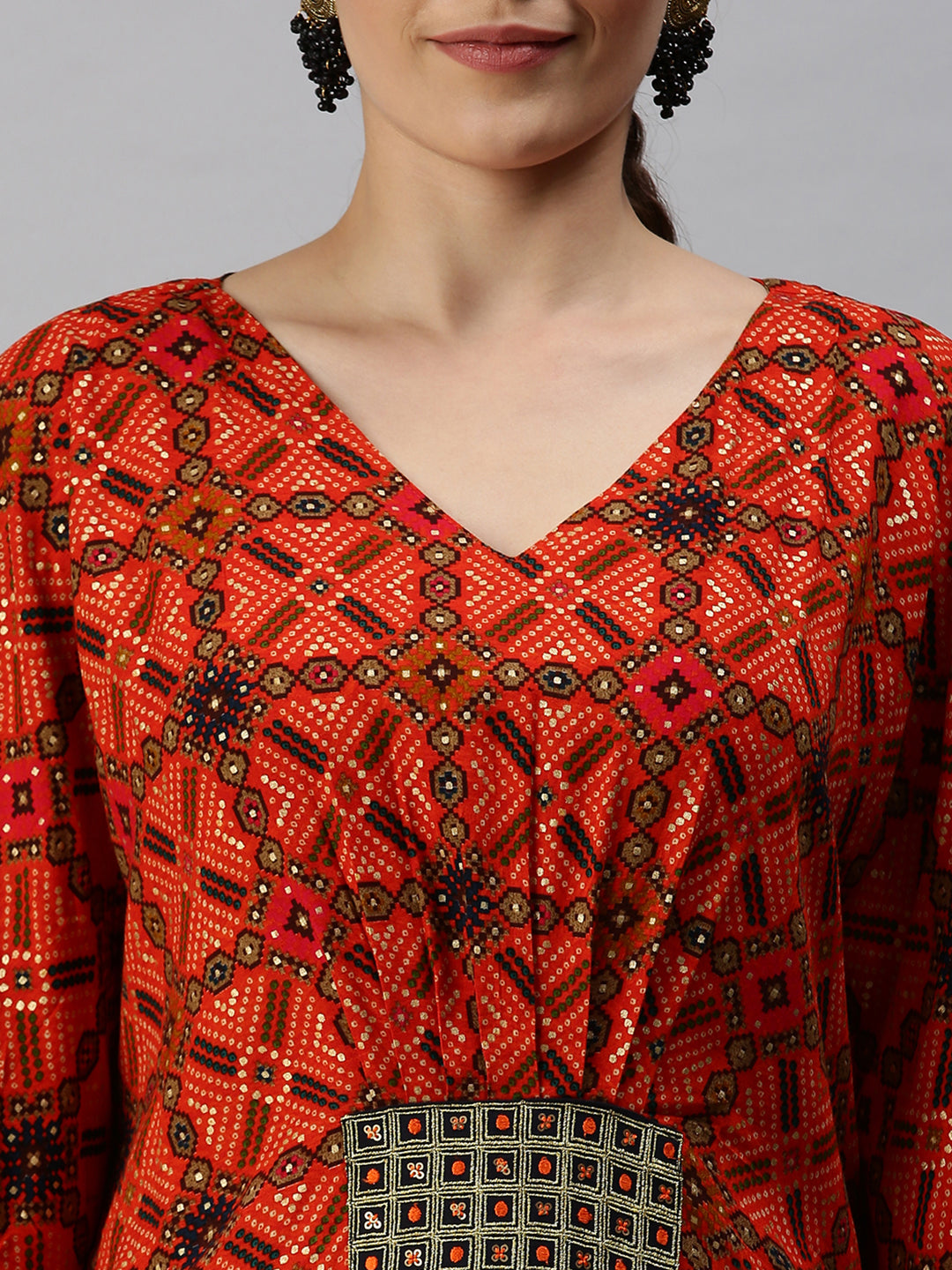 Women V-Neck Printed Orange Kaftan Kurta