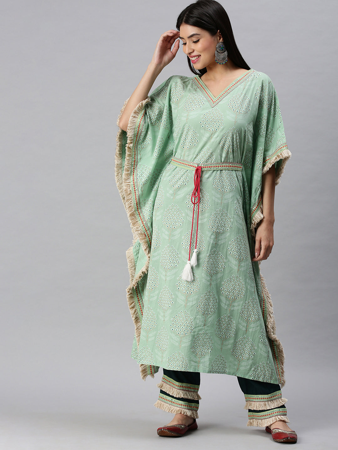 Women Kaftan Green Printed Kurta and Trousers