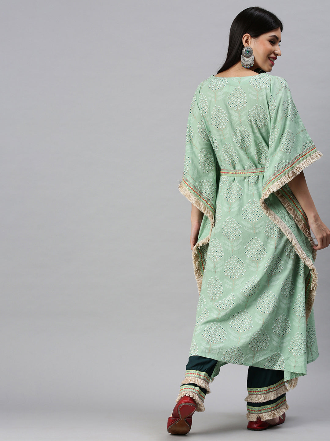 Women Kaftan Green Printed Kurta and Trousers