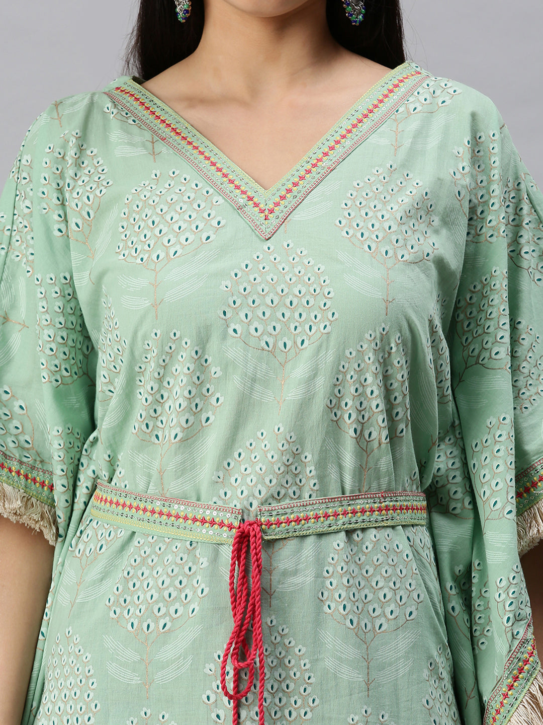 Women Kaftan Green Printed Kurta and Trousers