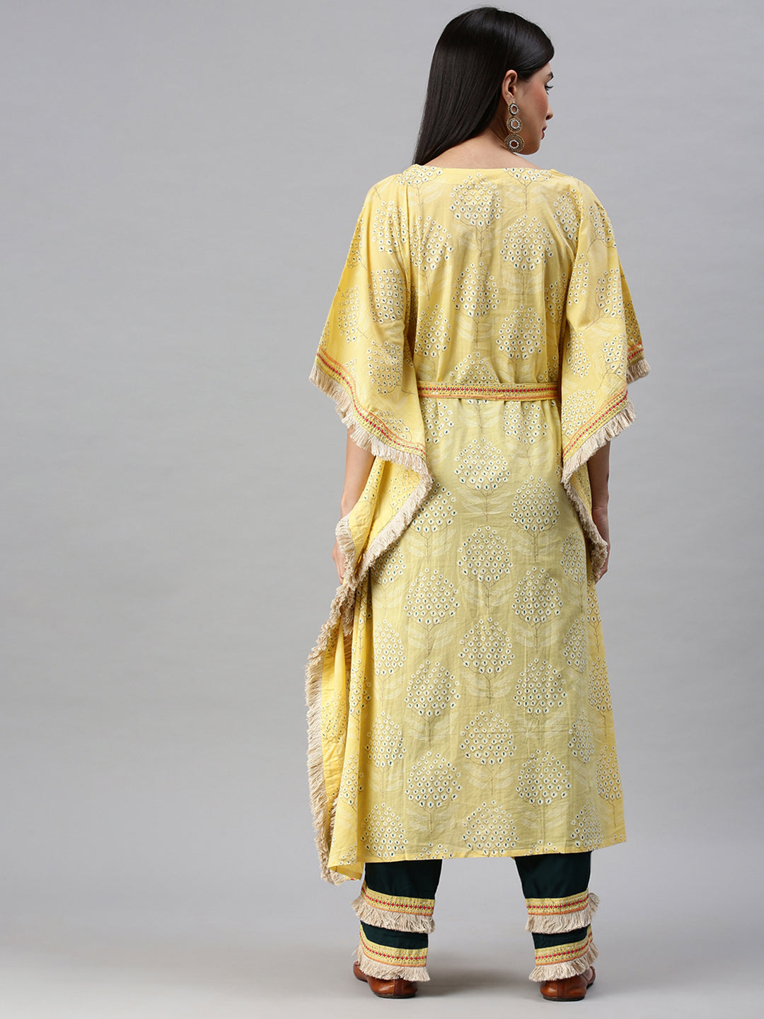 Women Kaftan Yellow Printed Kurta and Trousers
