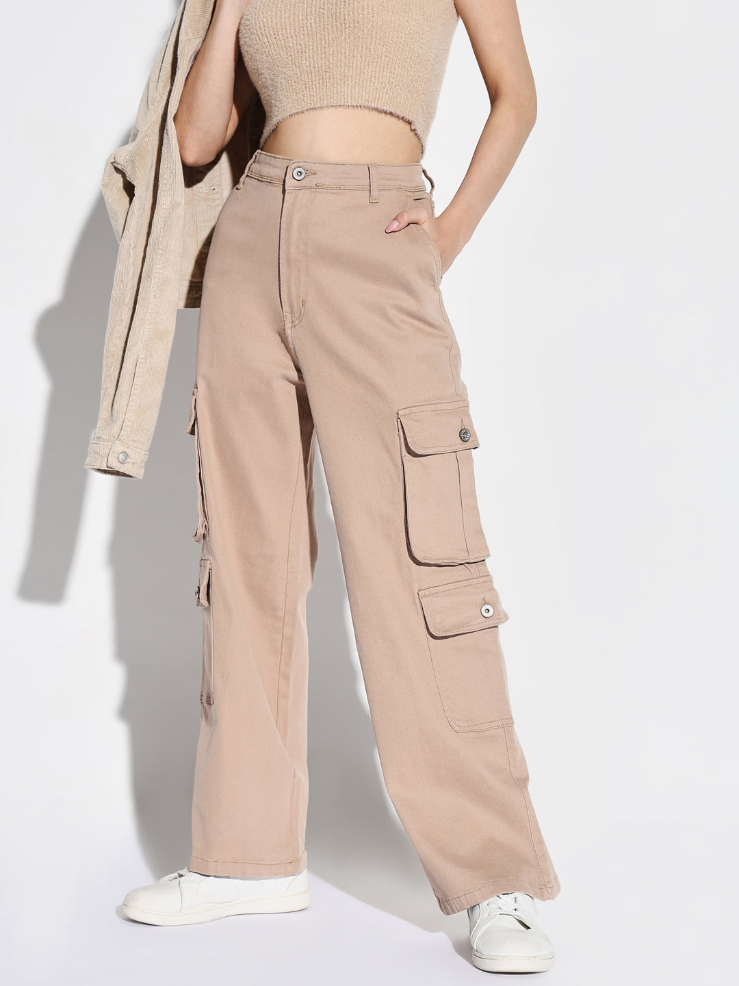 Women Beige Wide Leg Cargo Jeans