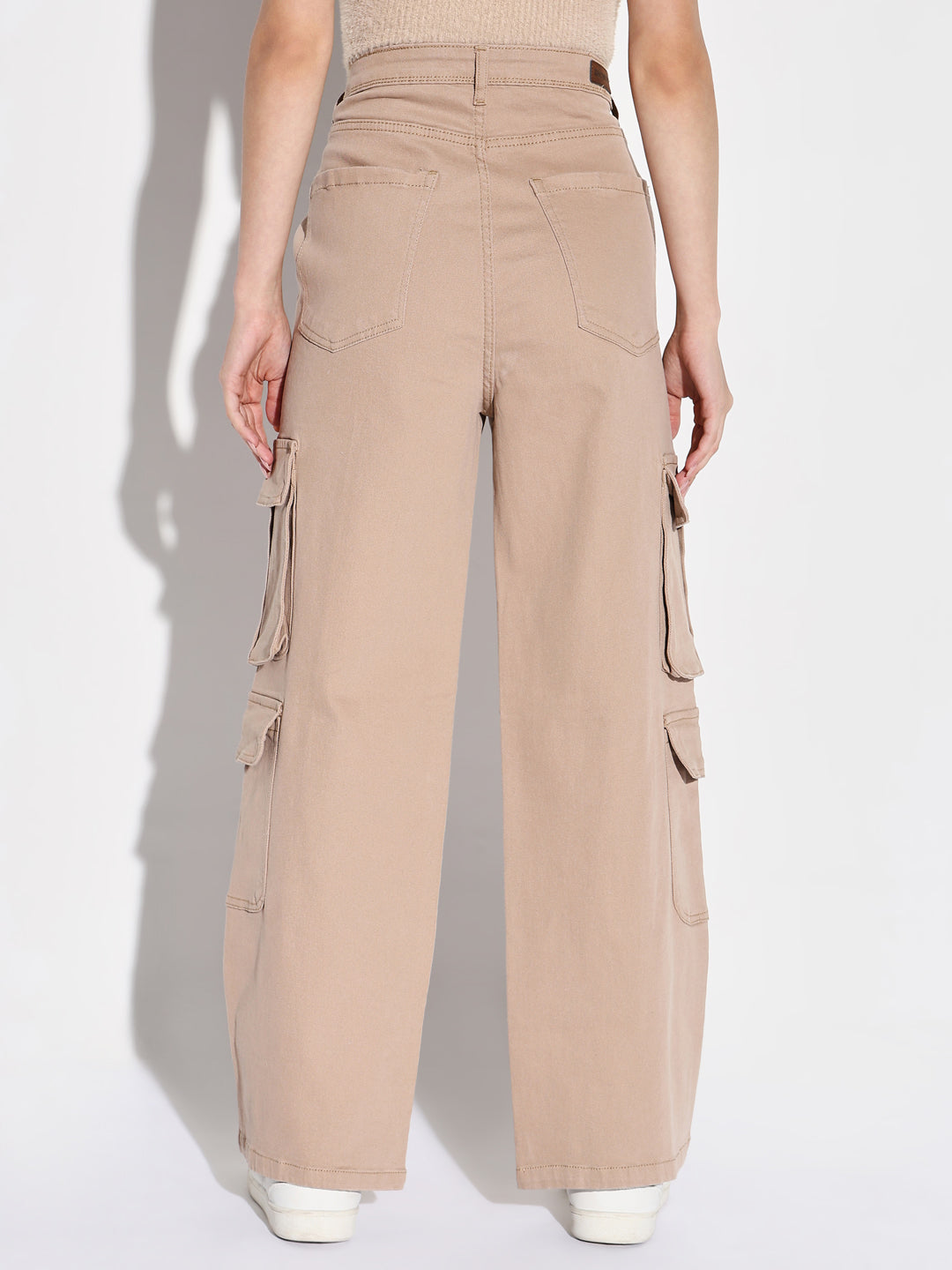 Women Beige Wide Leg Cargo Jeans