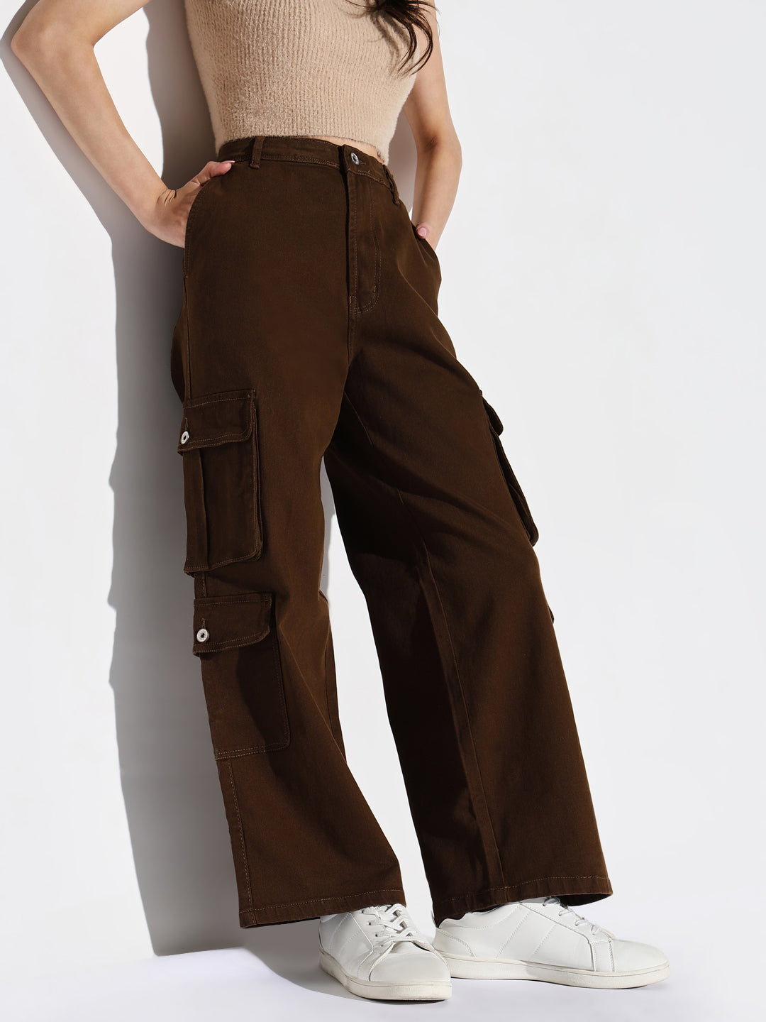 Women Brown Wide Leg Cargo Jeans