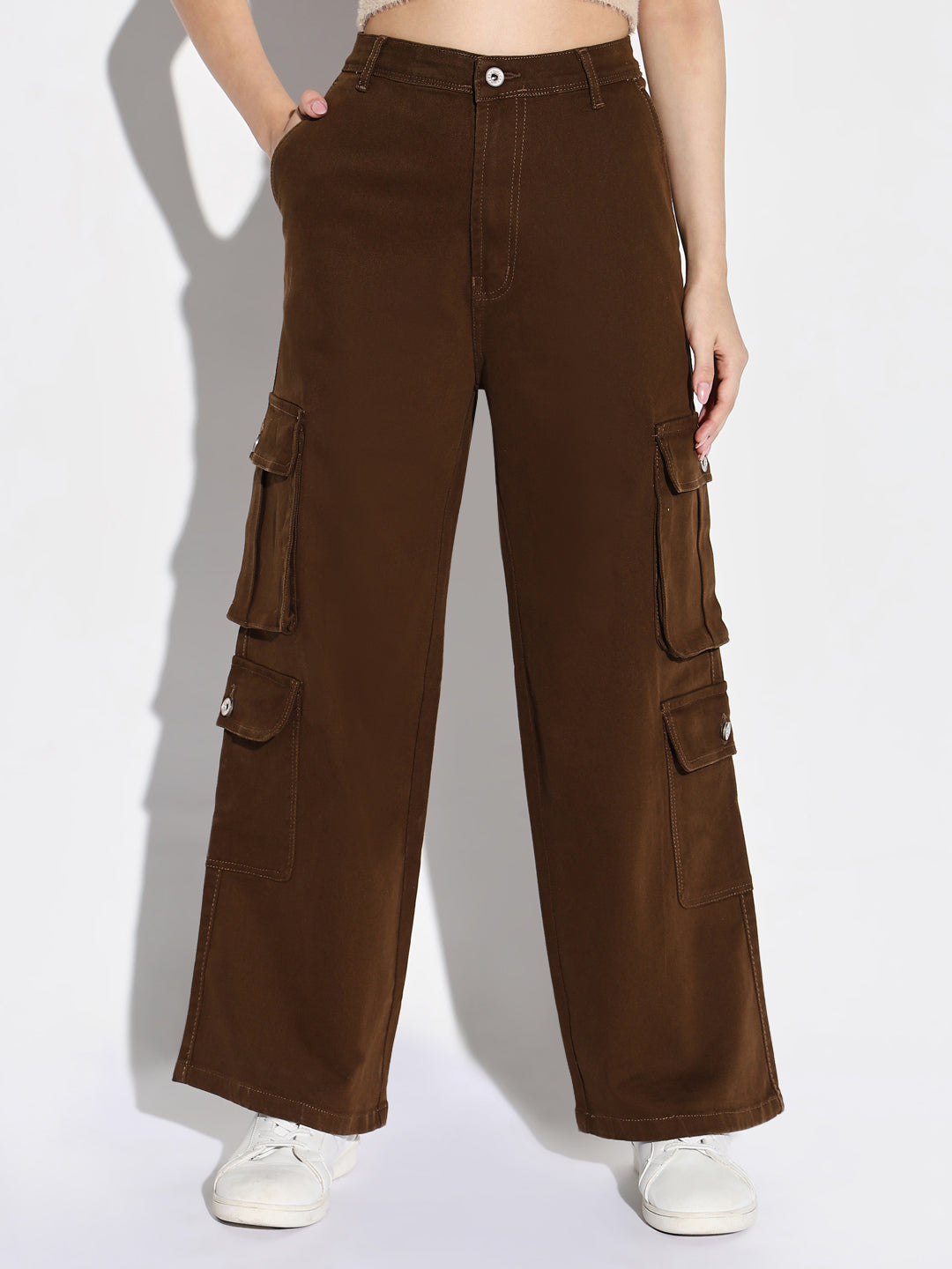 Women Brown Wide Leg Cargo Jeans