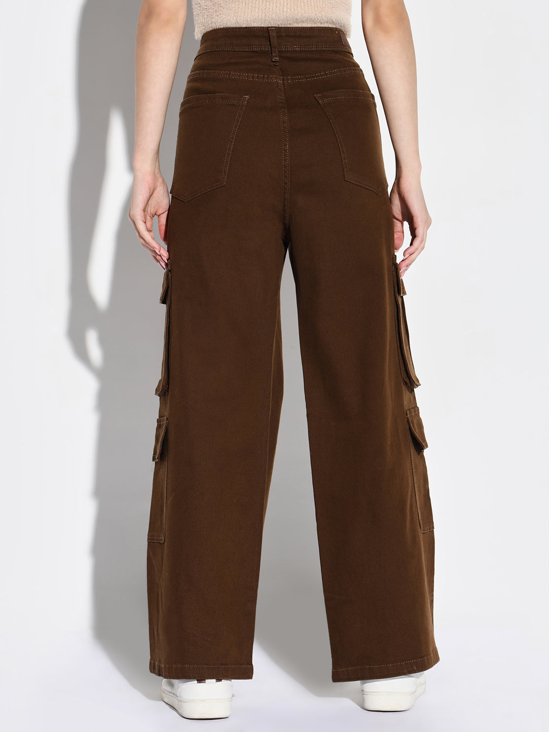 Women Brown Wide Leg Cargo Jeans