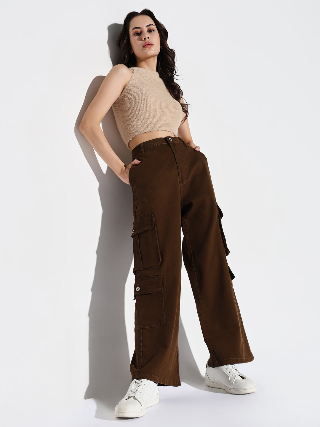 Women Brown Wide Leg Cargo Jeans