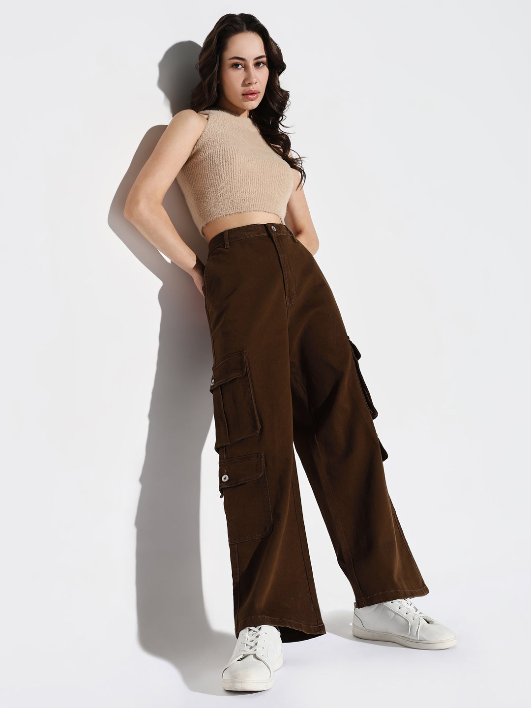 Women Brown Wide Leg Cargo Jeans