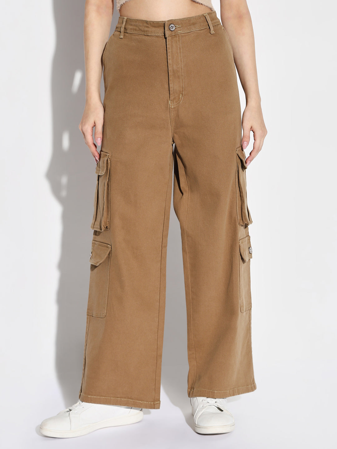 Women Khaki Wide Leg Cargo Jeans