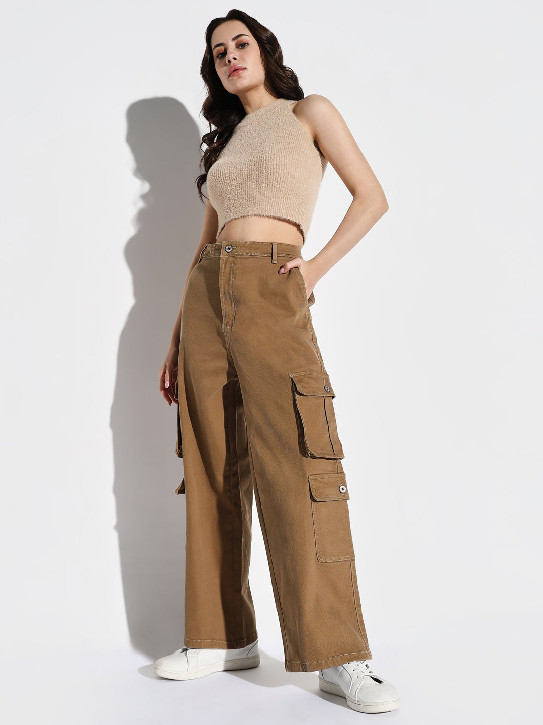 Women Khaki Wide Leg Cargo Jeans