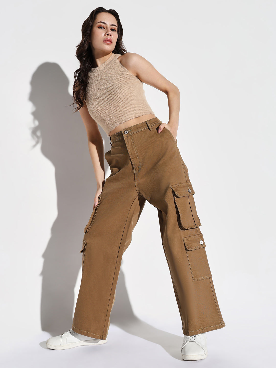 Women Khaki Wide Leg Cargo Jeans