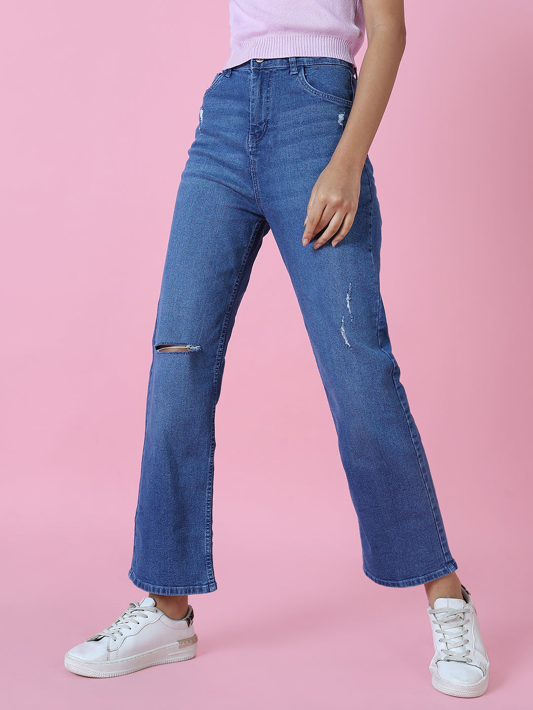 Women's Blue Solid Wide Leg Denim Jeans