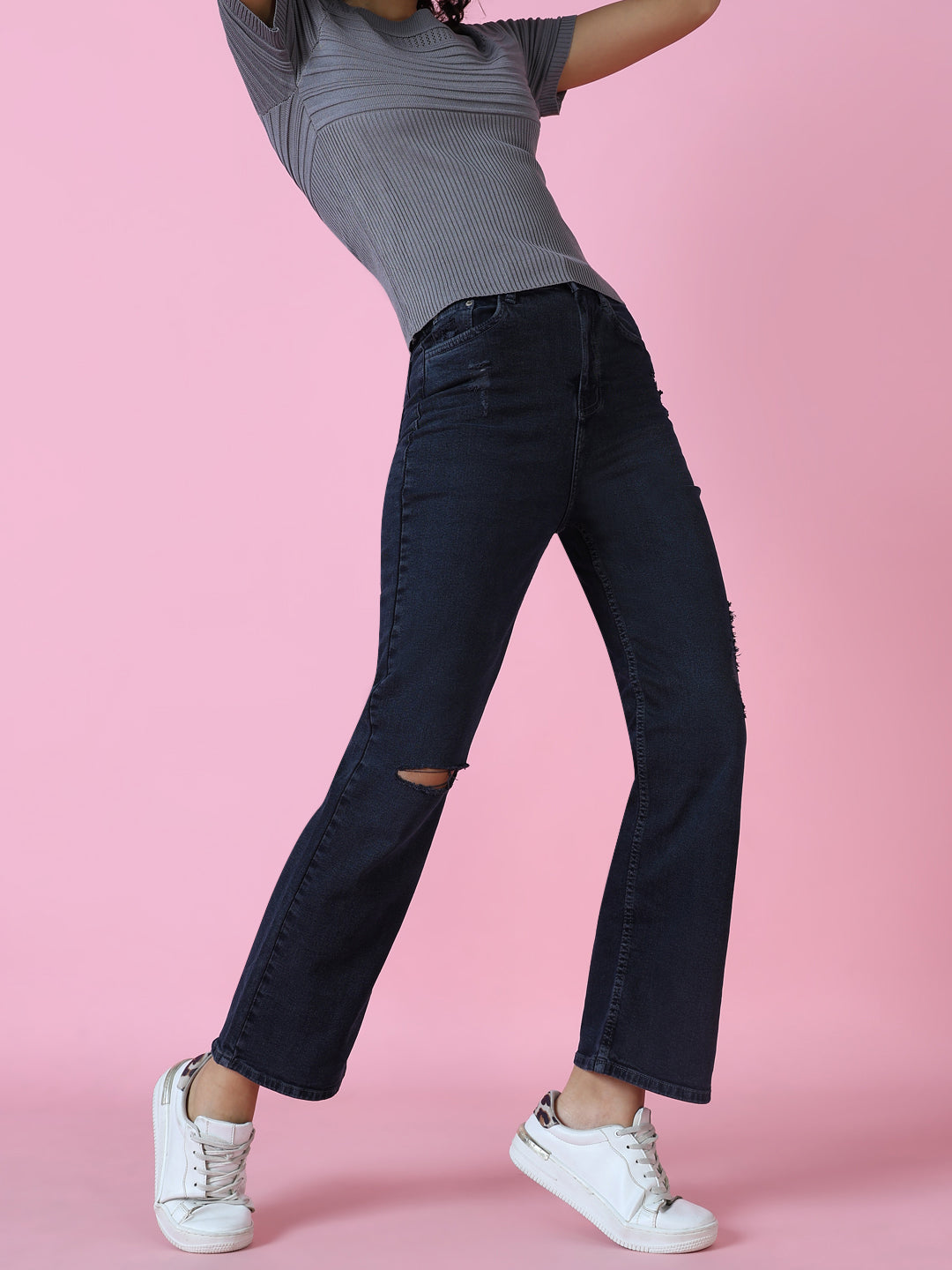 Women's Navy Blue Solid Wide Leg Denim Jeans