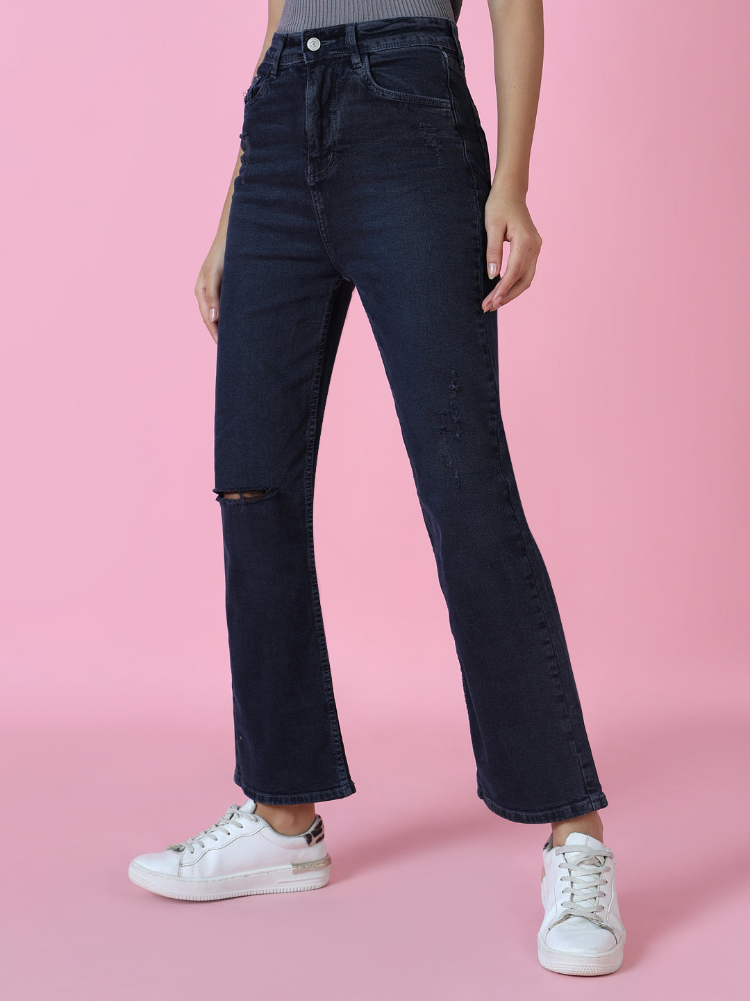 Women's Navy Blue Solid Wide Leg Denim Jeans