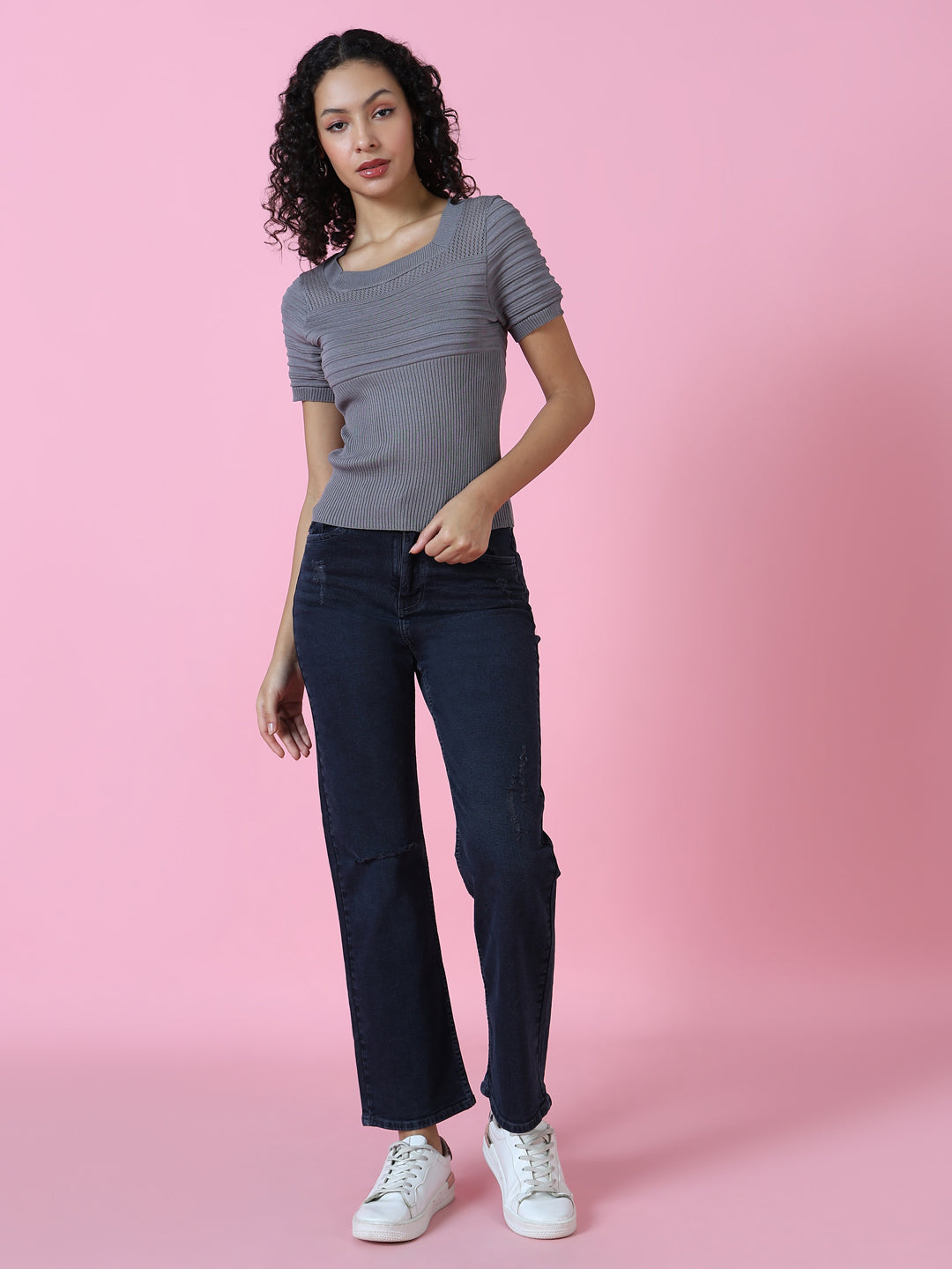 Women's Navy Blue Solid Wide Leg Denim Jeans