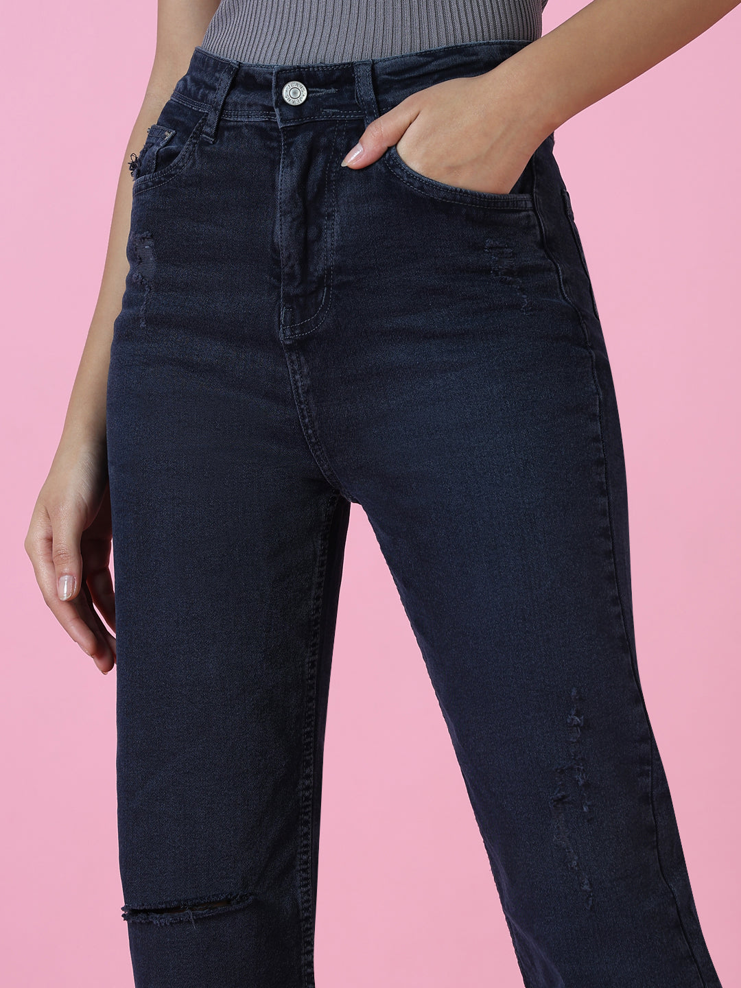 Women's Navy Blue Solid Wide Leg Denim Jeans