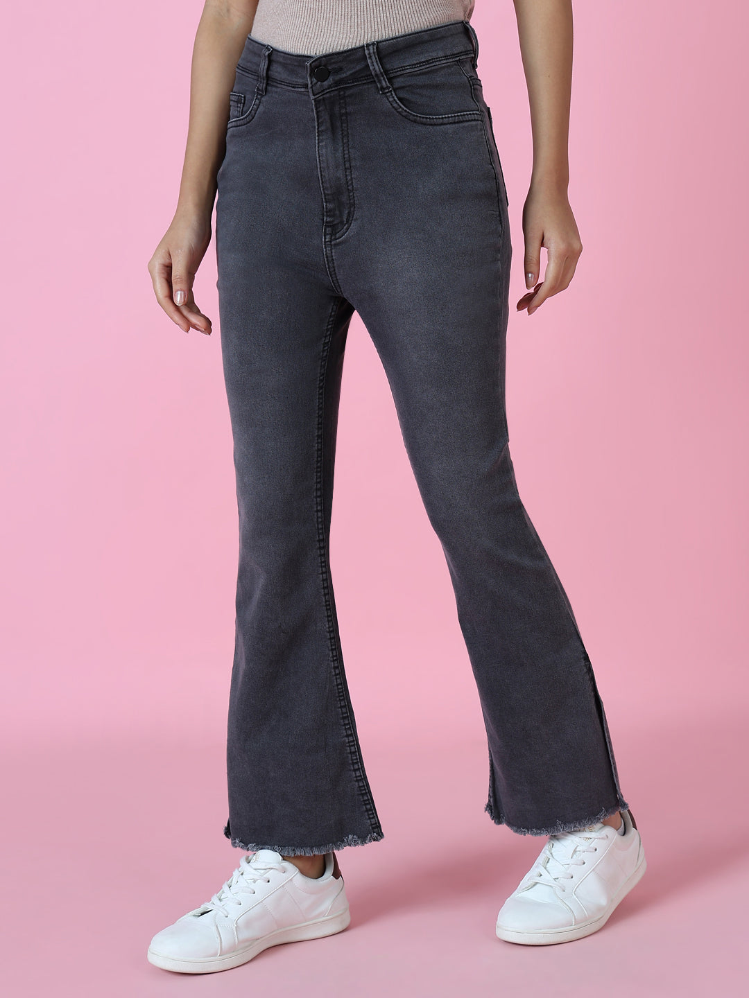 Women Grey Solid Flared Denim Jeans