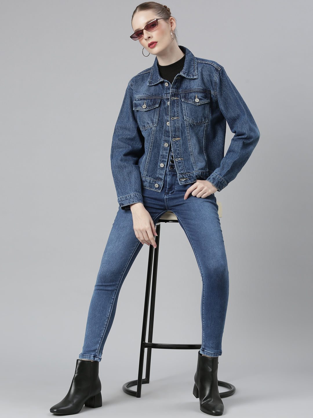 Women Navy Blue Solid Denim Jacket