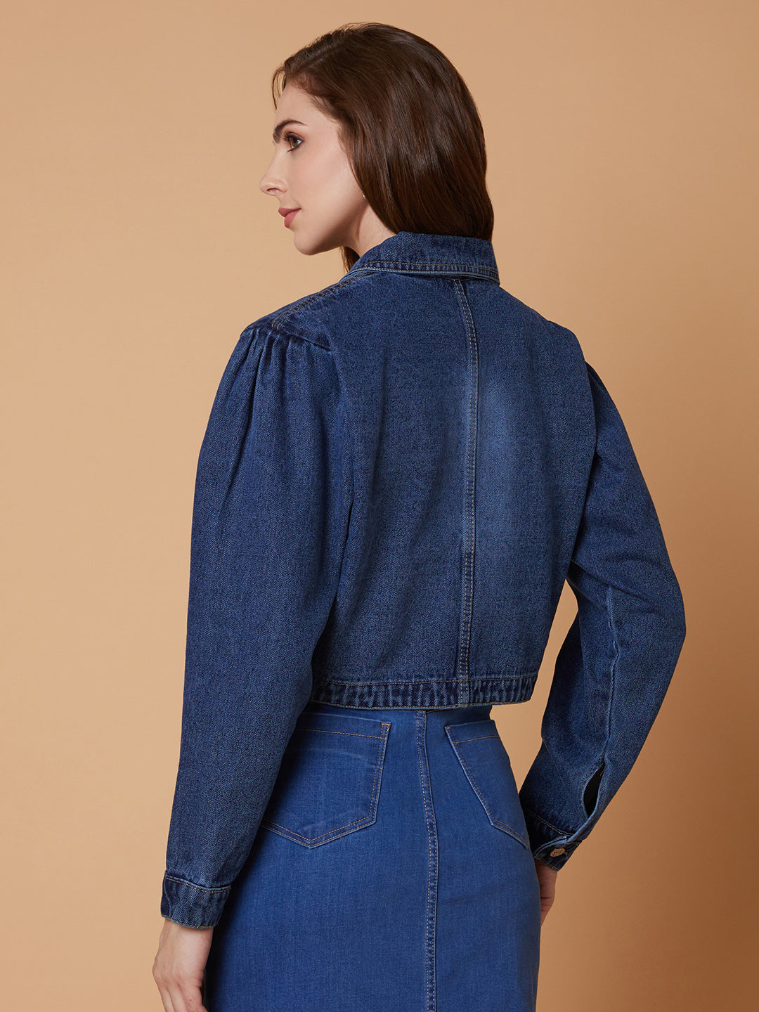 Women Blue Oversized Crop Denim Jacket