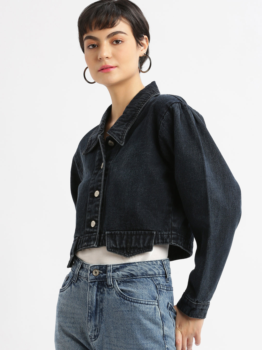 Women Navy Blue Oversized Crop Denim Jacket