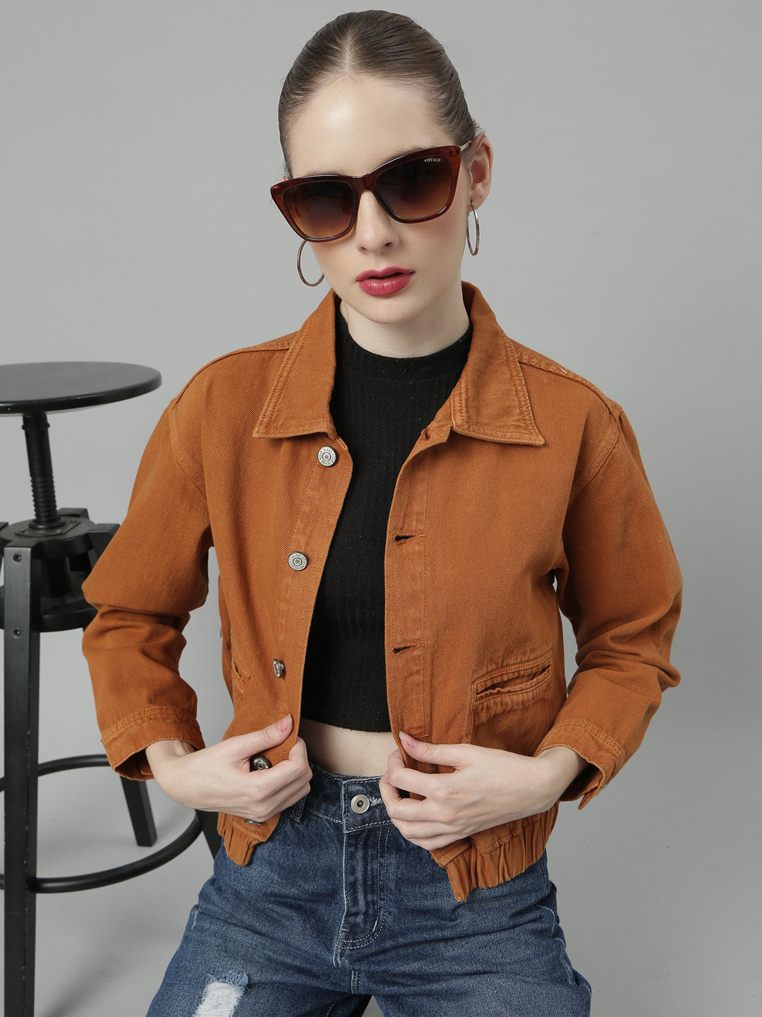 Women Rust Solid Denim Jacket