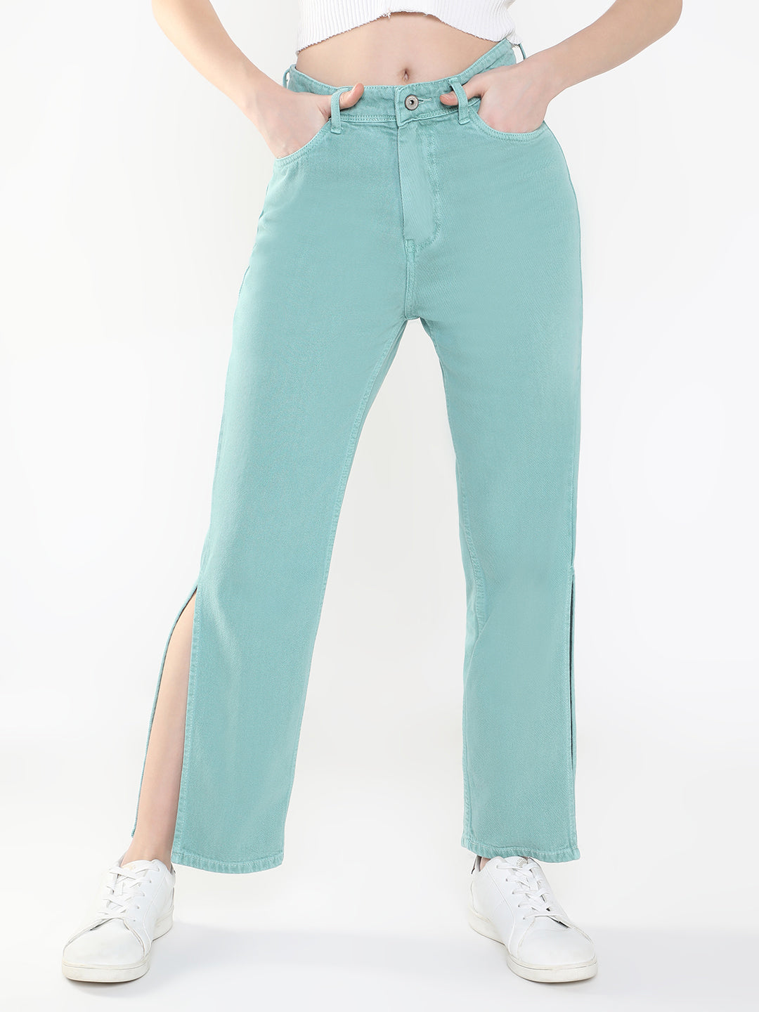 Women Sea Green Straight Fit Jeans