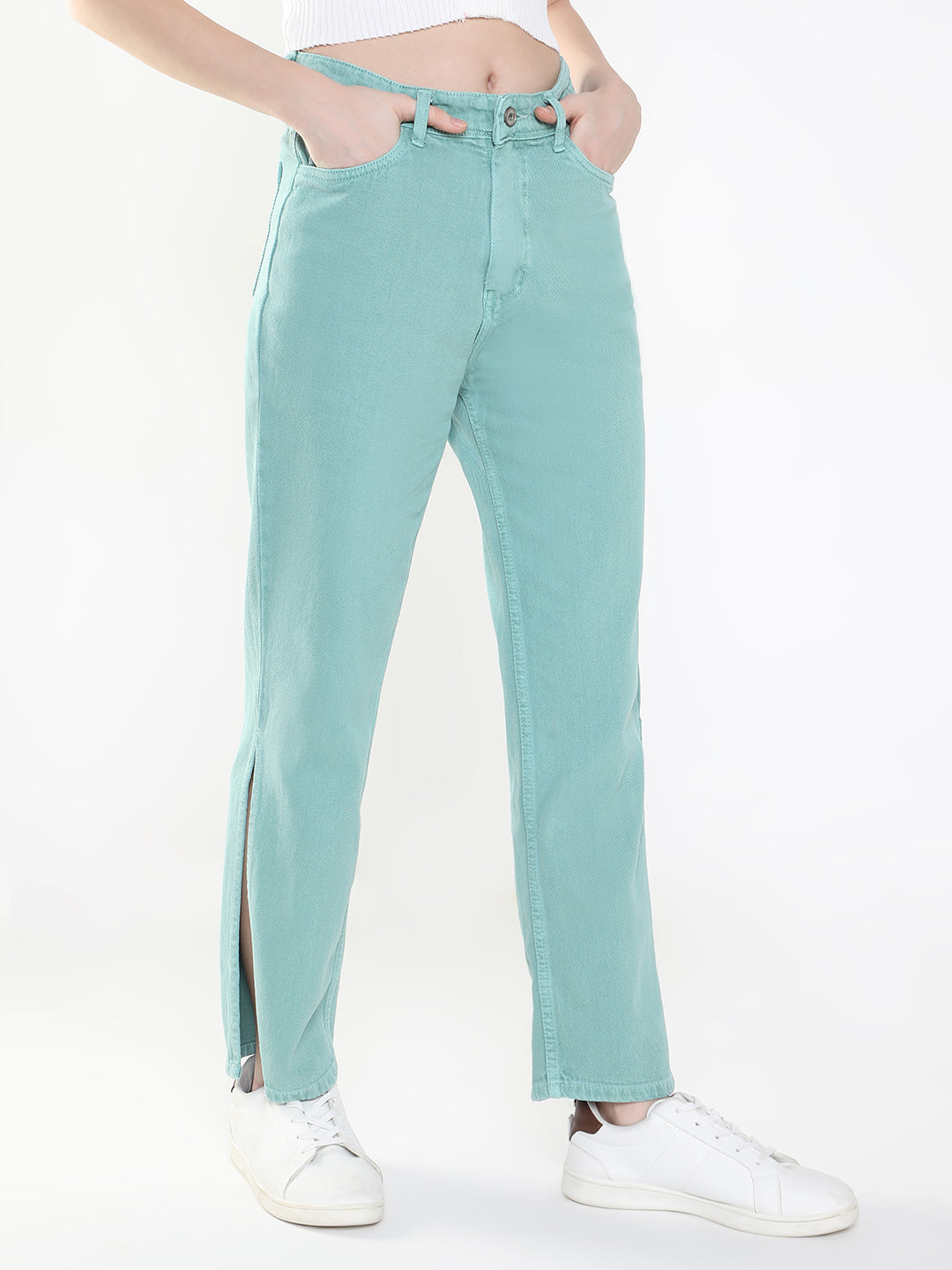 Women Sea Green Straight Fit Jeans