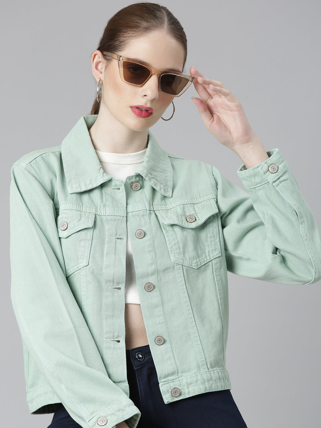 Women Sea Green Solid Denim Jacket