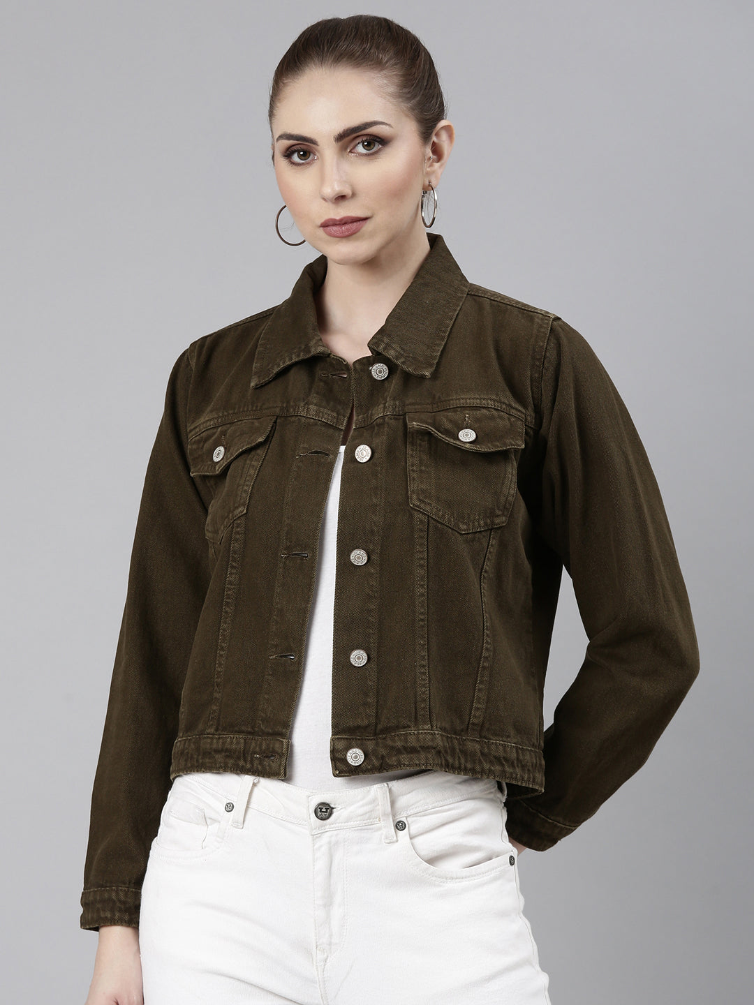 Women Brown Solid Denim Jacket