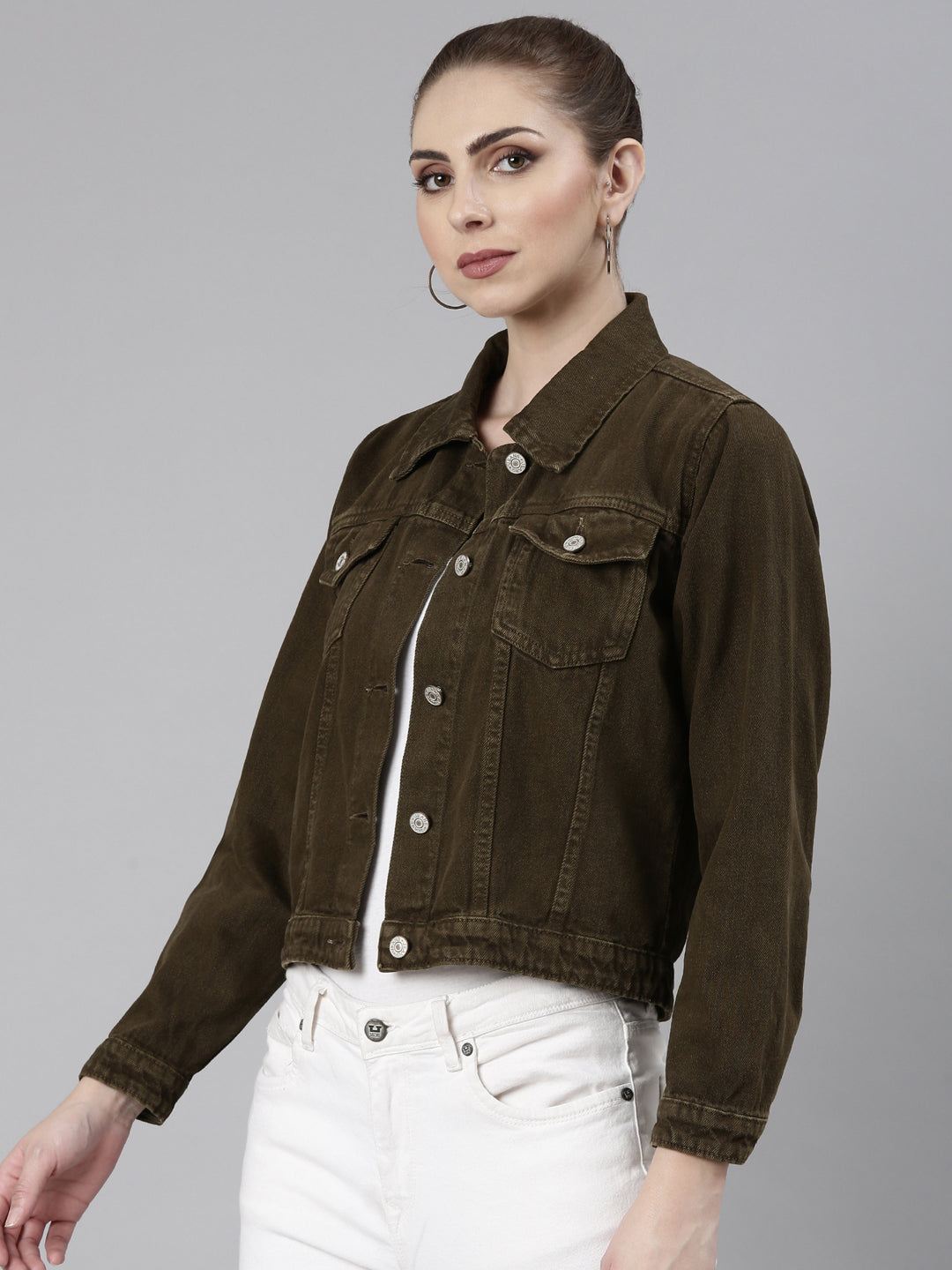 Women Brown Solid Denim Jacket