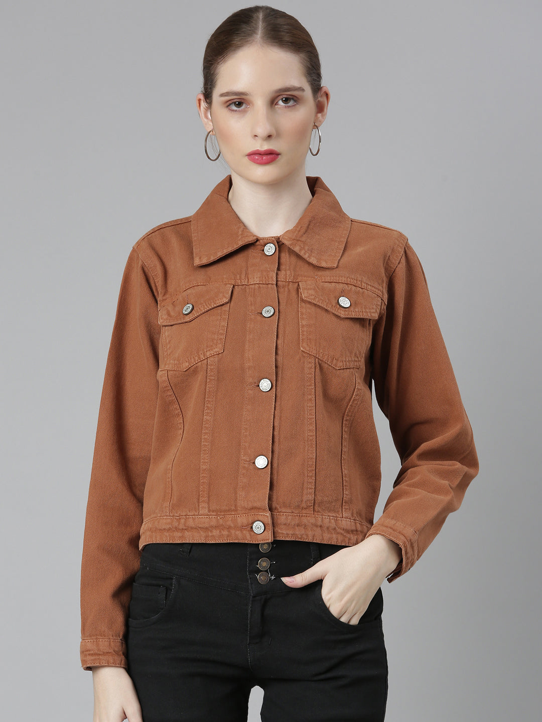 Women Camel Brown Solid Denim Jacket