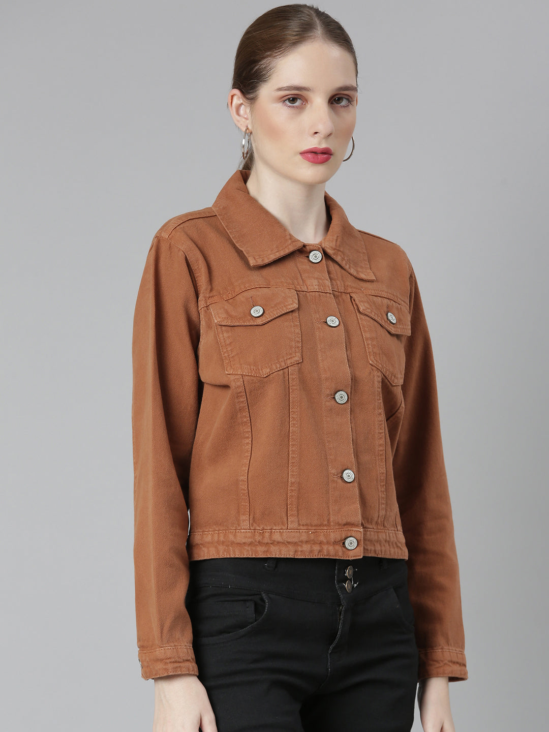 Women Camel Brown Solid Denim Jacket