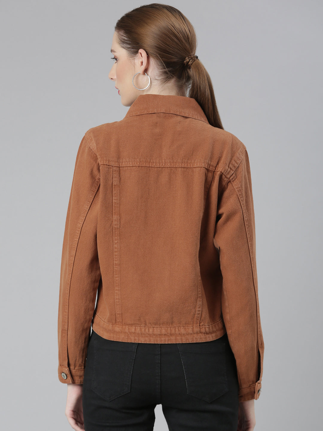 Women Camel Brown Solid Denim Jacket