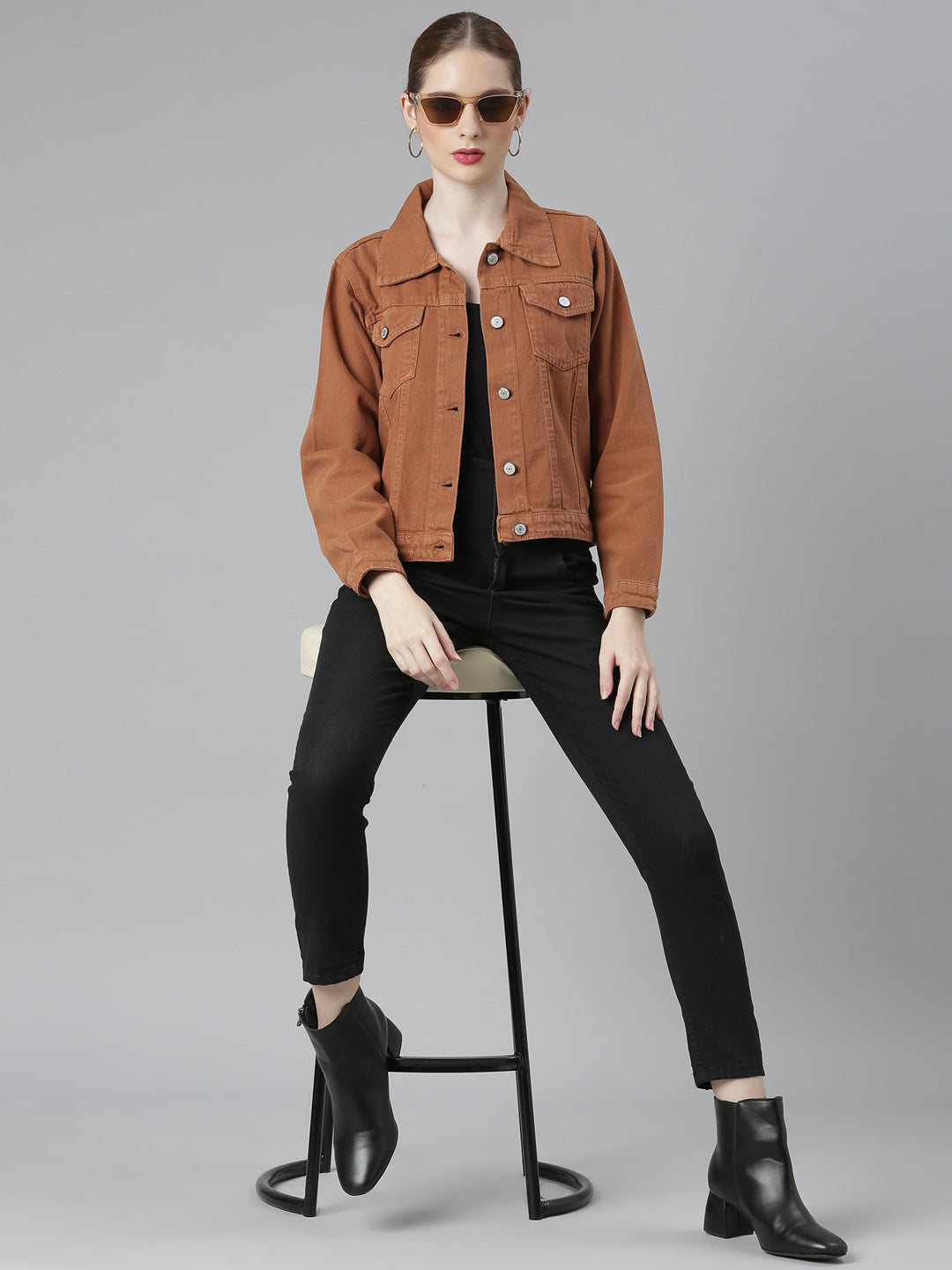 Women Camel Brown Solid Denim Jacket