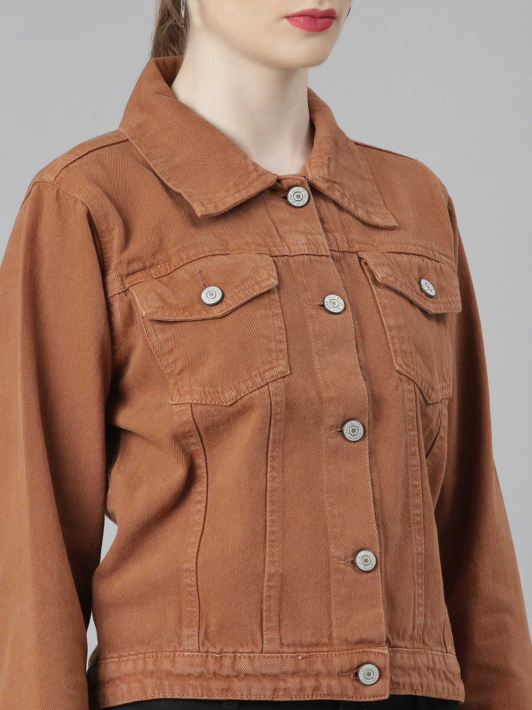 Women Camel Brown Solid Denim Jacket