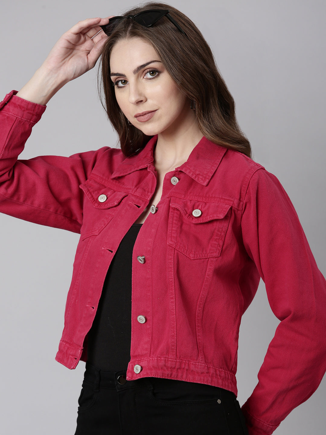 Women Fuchsia Solid Denim Jacket