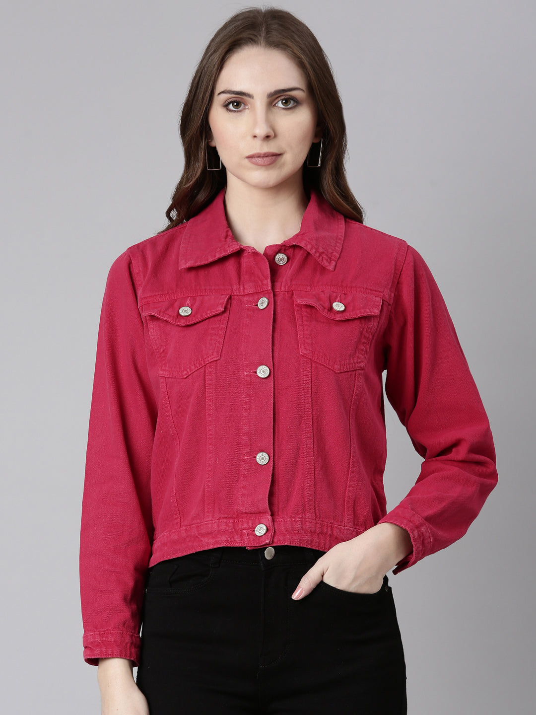 Women Fuchsia Solid Denim Jacket