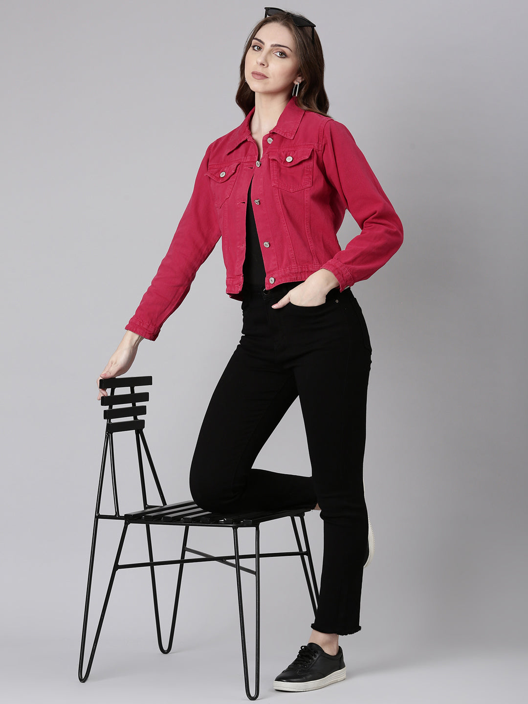 Women Fuchsia Solid Denim Jacket