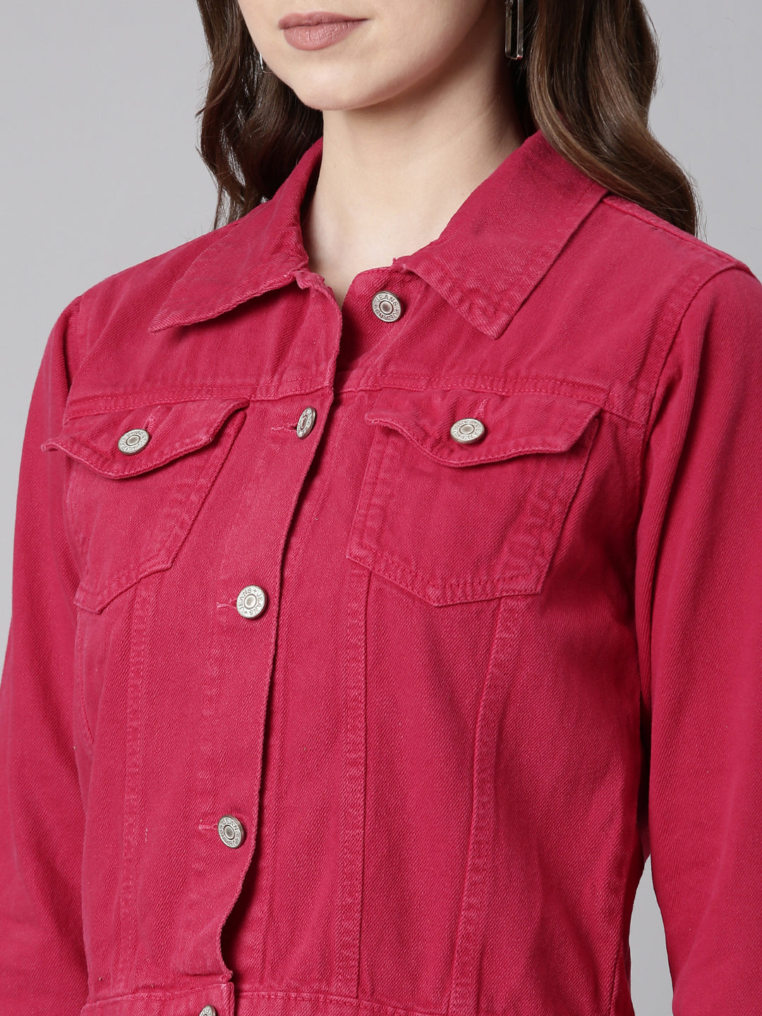 Women Fuchsia Solid Denim Jacket