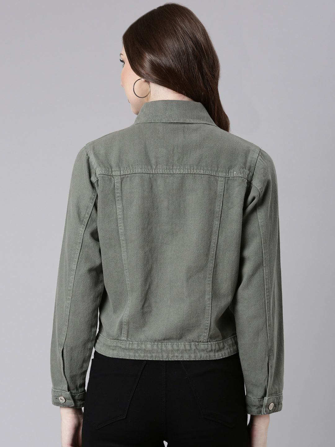 Women Grey Solid Denim Jacket