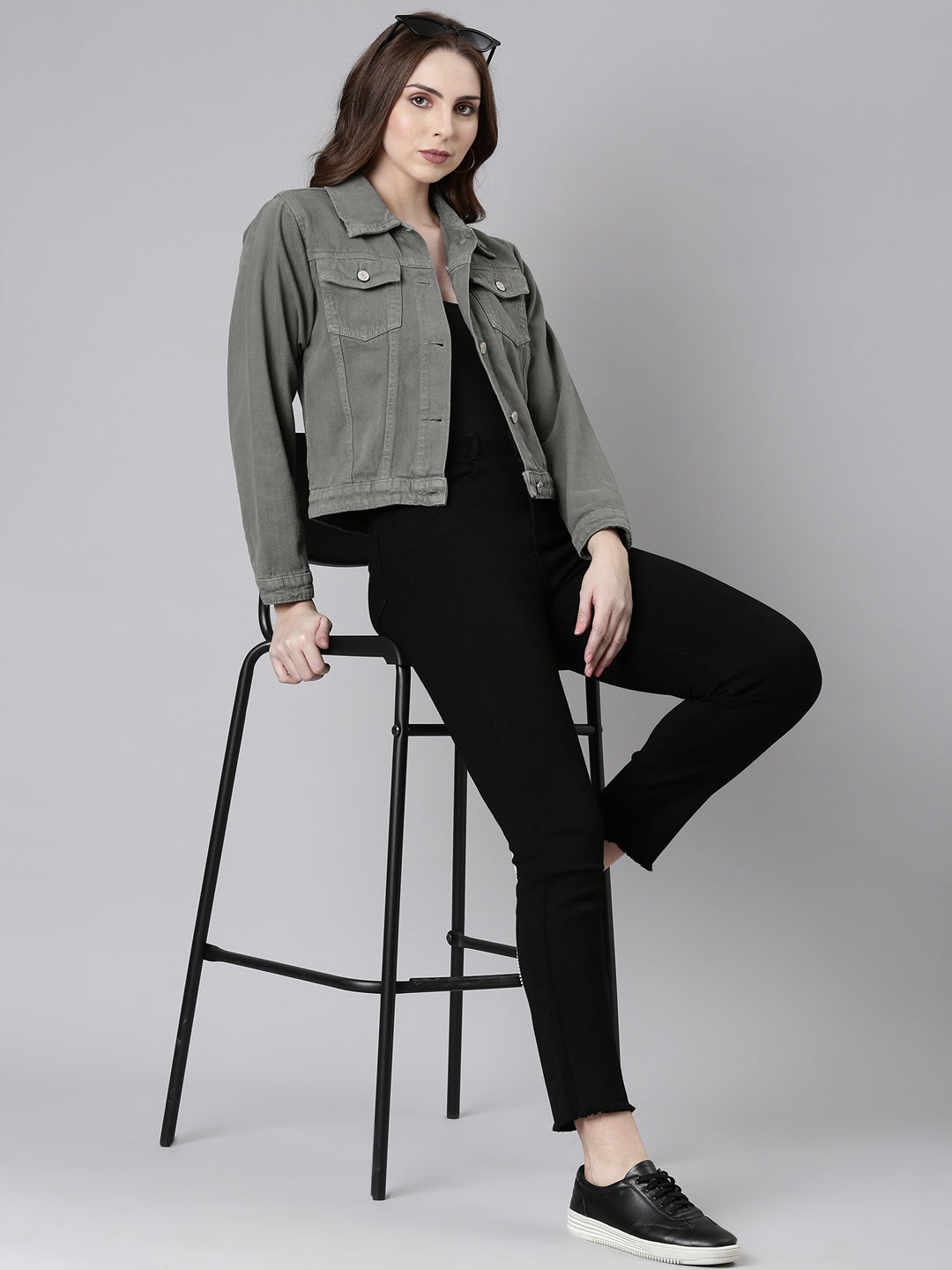 Women Grey Solid Denim Jacket