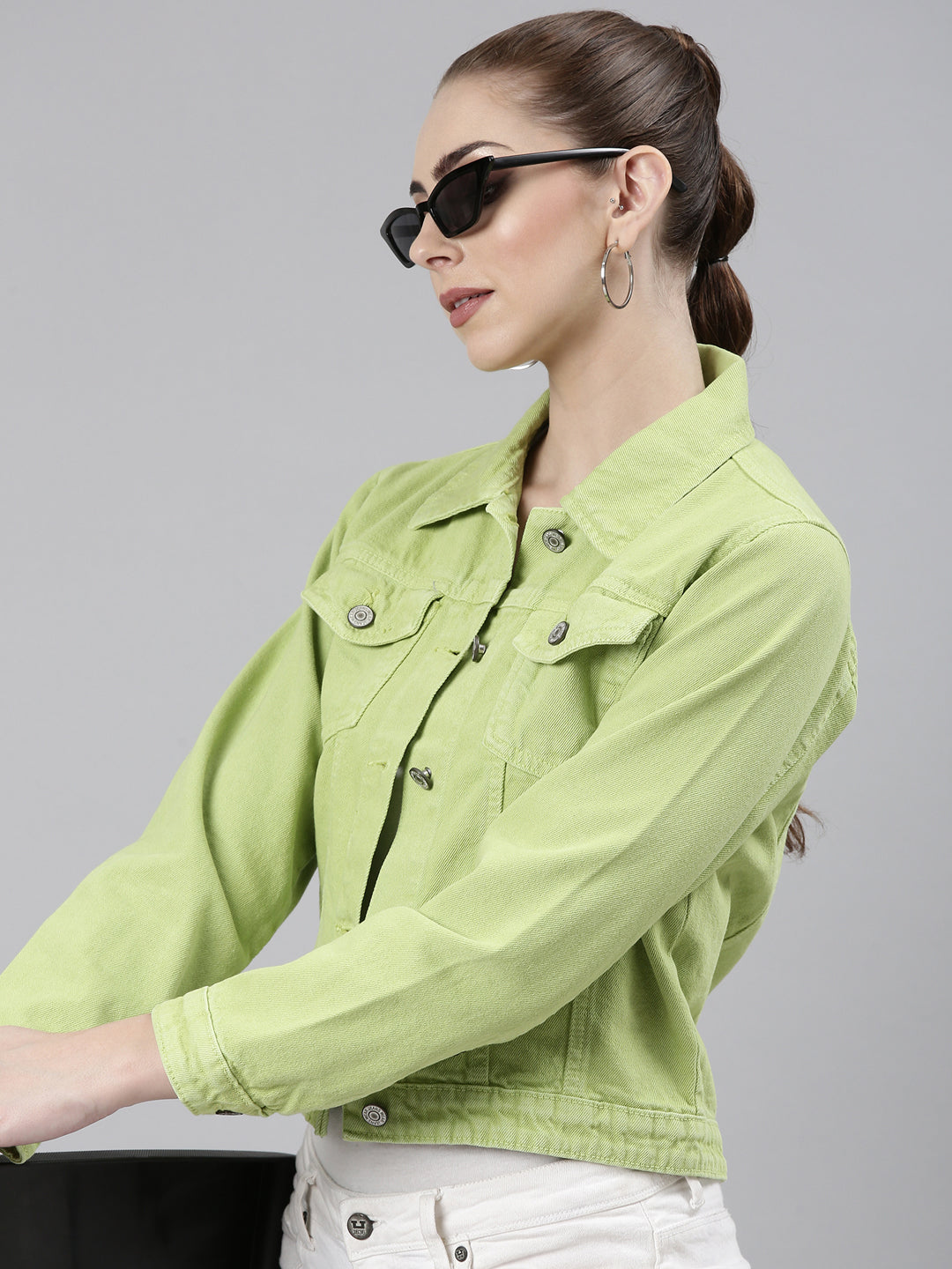 Women Lime Green Solid Denim Jacket