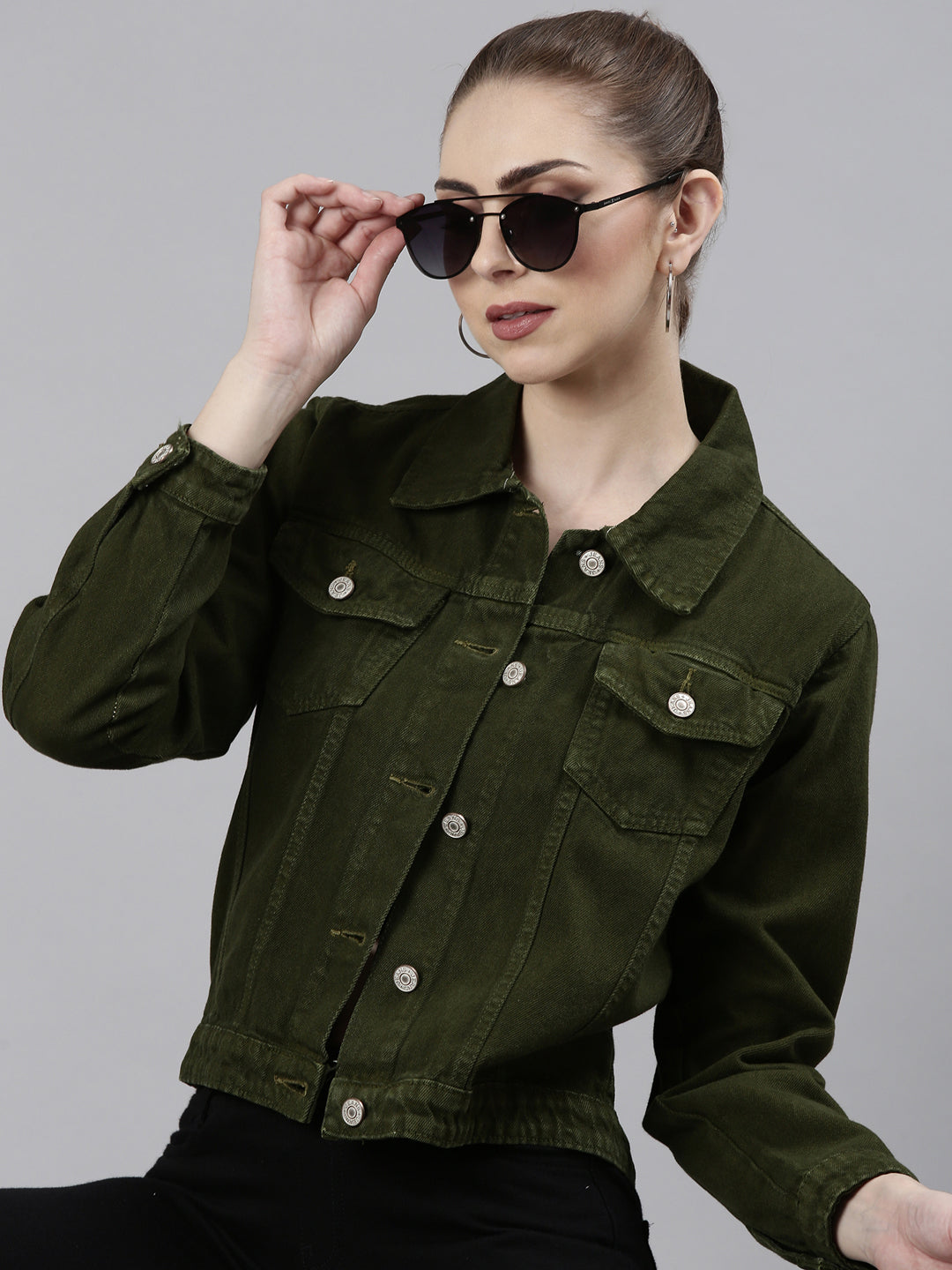 Women Olive Solid Denim Jacket