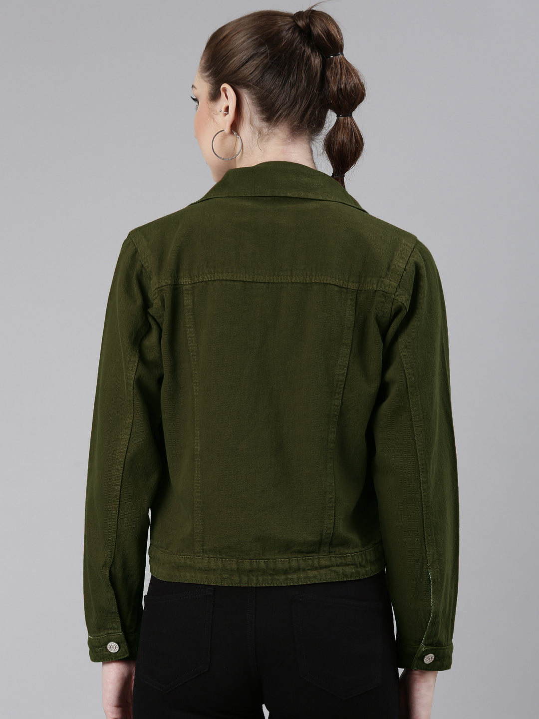 Women Olive Solid Denim Jacket