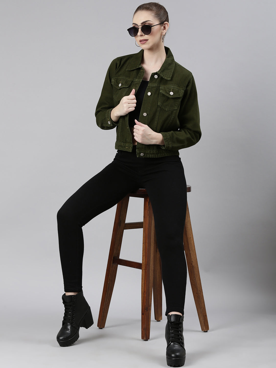 Women Olive Solid Denim Jacket