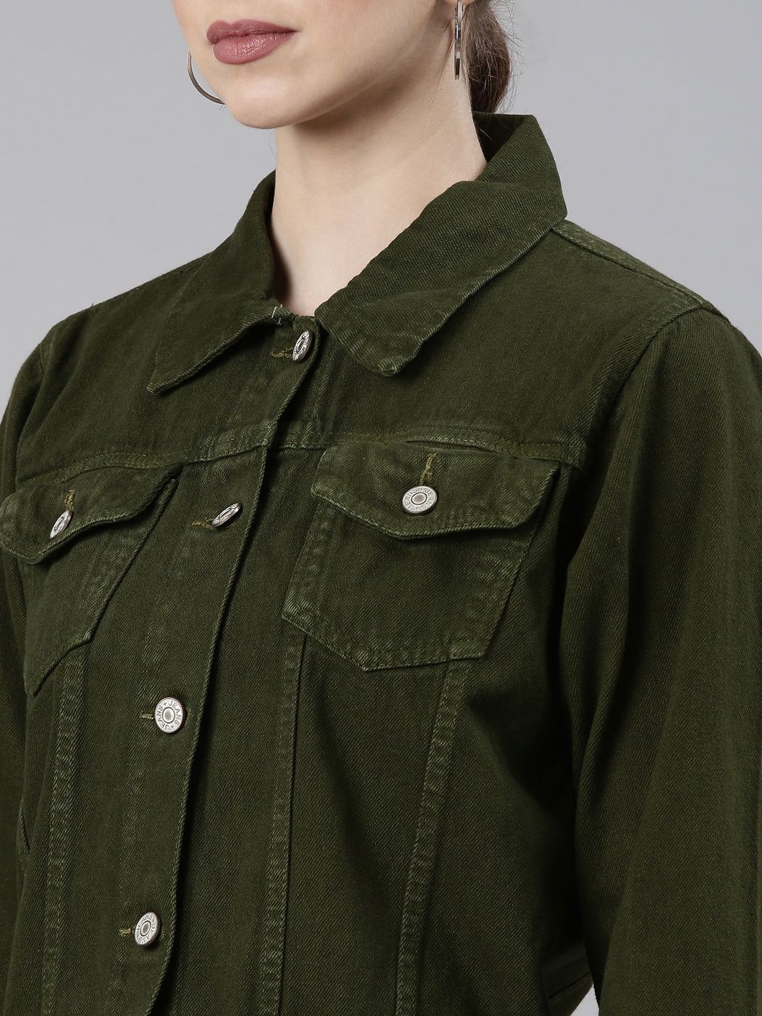 Women Olive Solid Denim Jacket