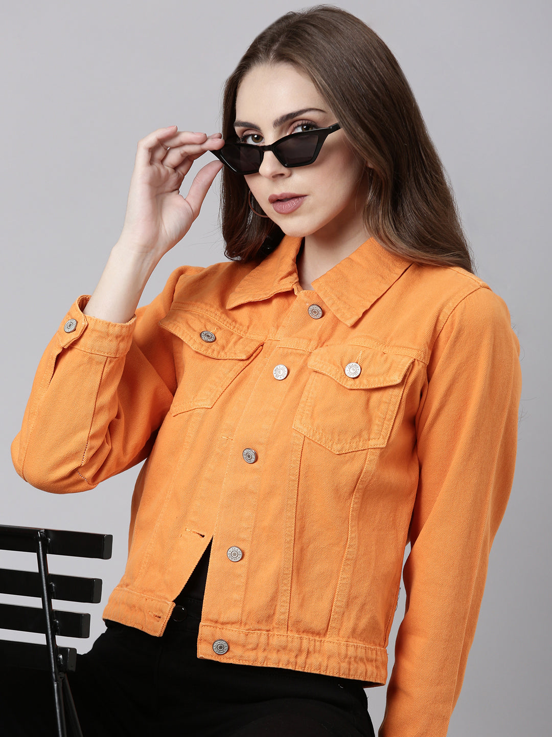 Women Orange Solid Denim Jacket