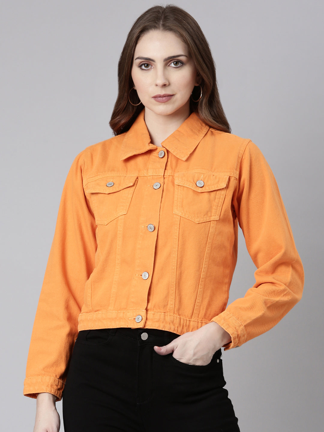 SHOWOFF Women s Spread Collar Orange Solid Denim Jacket
