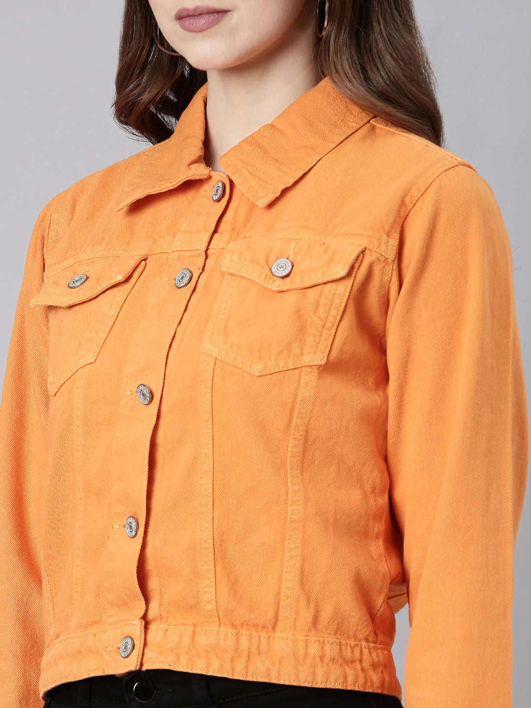 Women Orange Solid Denim Jacket