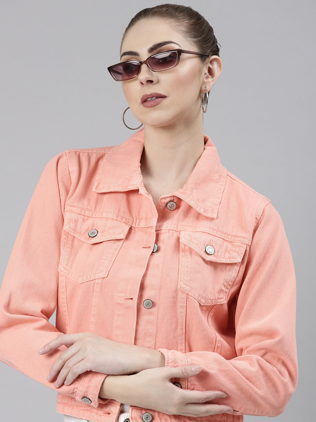 Women Peach Solid Denim Jacket